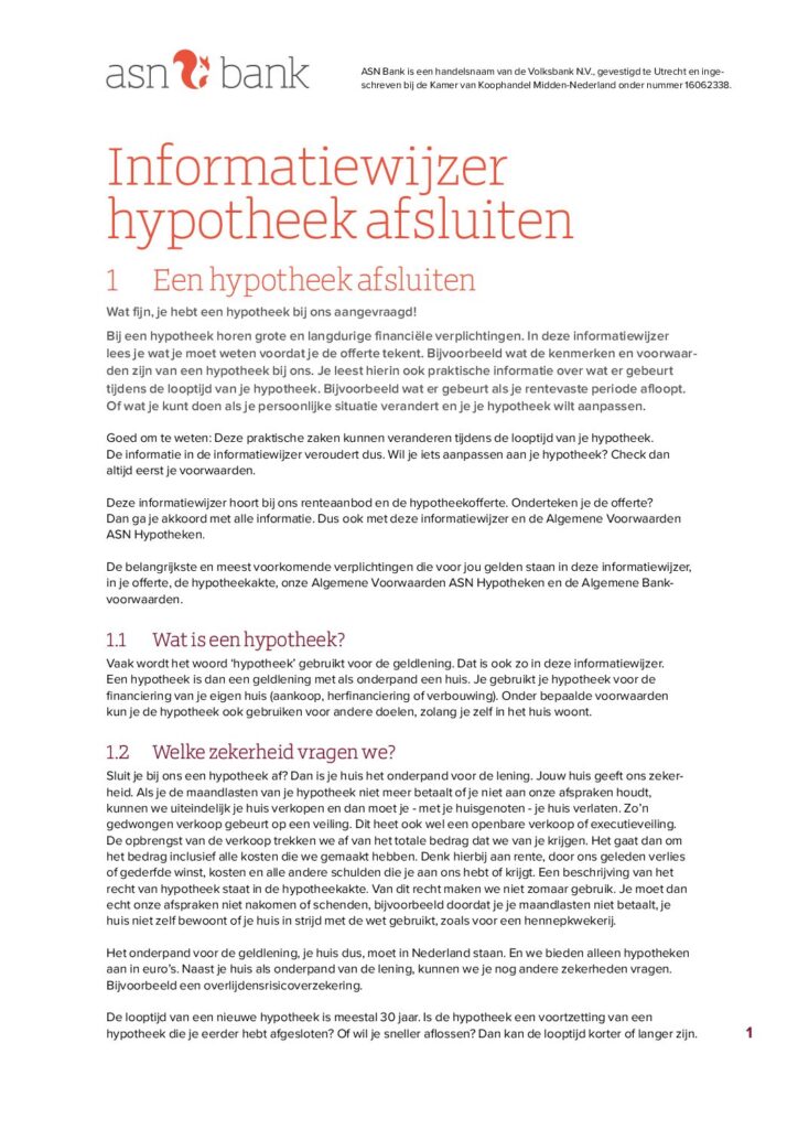 ASN Hypotheek Informatiekaart van november 2022