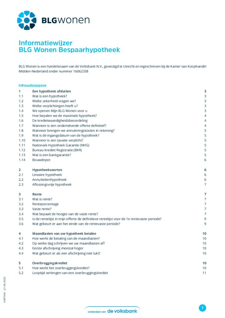 BLG Wonen Bespaarhypotheek Informatiekaart van juni 2023