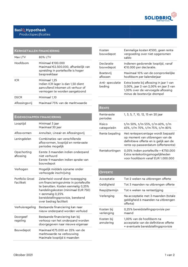 Solidbriq Basiq Hypotheek Informatiekaart van oktober 2021